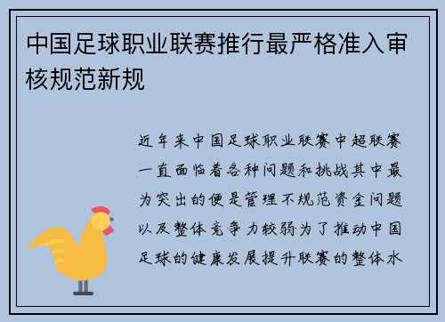 中国足球职业联赛推行最严格准入审核规范新规
