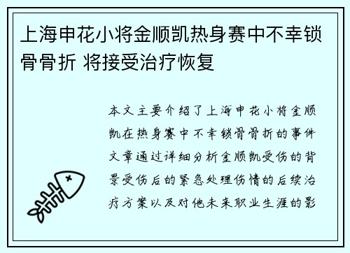 上海申花小将金顺凯热身赛中不幸锁骨骨折 将接受治疗恢复 上海申花小将金顺凯热身赛中不幸锁骨骨折 将接受治疗恢复